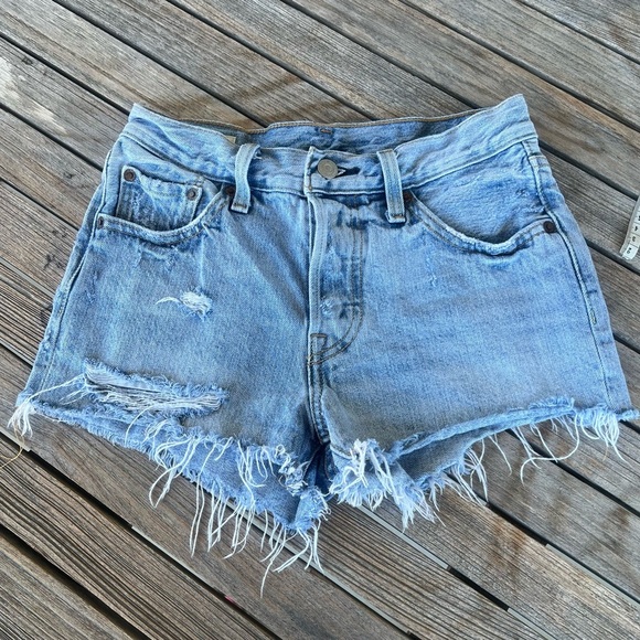 Levi’s 501 Big E Distressed Cutoff Denim Shorts Button Fly 100% Cotton Size 24 - Picture 1 of 12